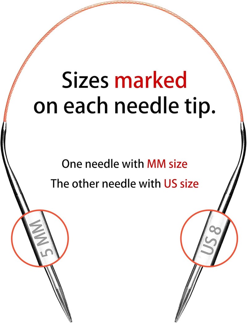cuteDIY Size 8 Circular Knitting Needles 16 Inch Round Metal (Etched US&mm, Color-Coded Cable, Smooth Join) - Image 4
